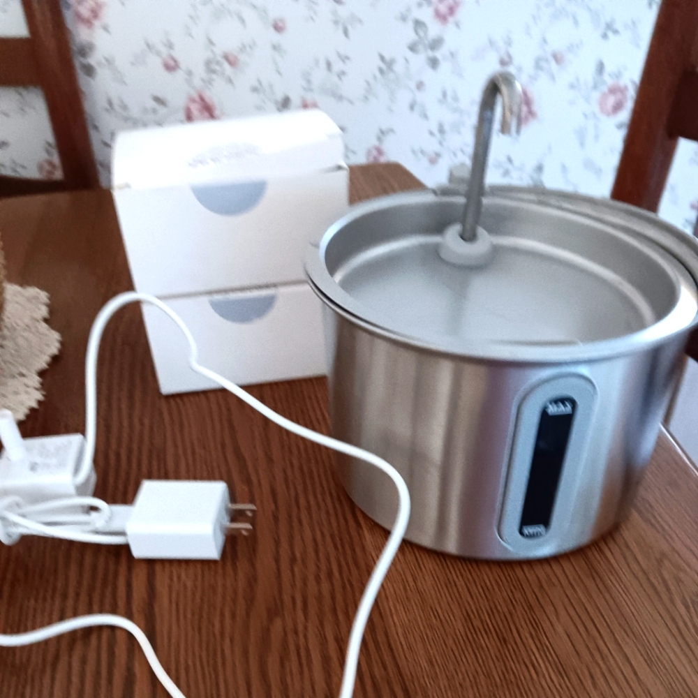 Stainless Steel Electric Pet Water Fountain From Amazon With 2 Boxes Of Fliters
